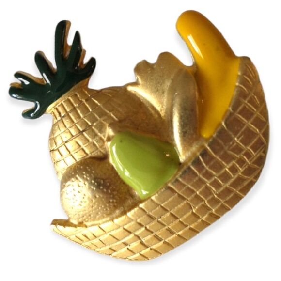 Tropical Fruit Salad Brooch Pin Gold Tone Pineapple Banana Pear Whimsical Enamel - Picture 10 of 16